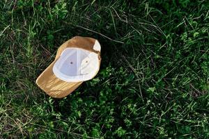 A yellow sports cap lies upside down on the green grass. Spring outdoor sports games photo