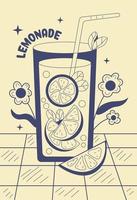 Retro poster with juice drink. Groovy banner with lemonade and orange, flowers on yellow background. vector