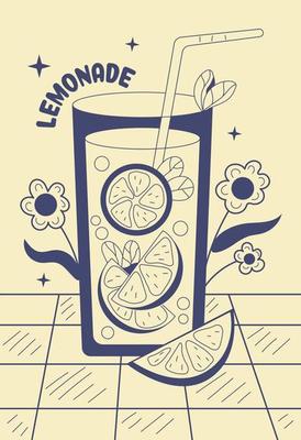 Retro poster with juice drink. Groovy banner with lemonade and orange, flowers on yellow background.