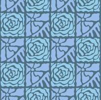 Groovy pattern with abstract blue rose flowers. Modern checkerboard seamless. vector