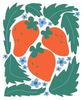 Absract poster with retro strawberry and flowers, leaf on isolated background. Modern trippy poster. vector