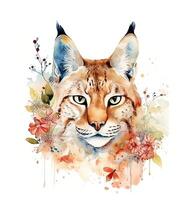 Pretty watercolor portrait of a lynx in flowers. . photo