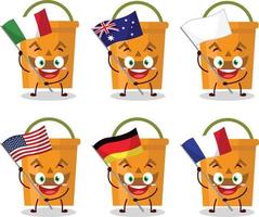 Halloween bucket cartoon character bring the flags of various countries vector