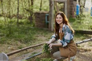 un joven mujer alimenta su pollos en el granja con césped, vistiendo un sencillo tartán camisa, pantalones y delantal, y sonriente para el cámara, cuidando para el animales foto