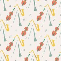 Vector seamless pattern of musical jazz instruments with notes. Isolated on beige background orchectra - violin, saxophone, clarinet.