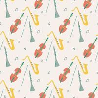 Vector seamless pattern of musical jazz instruments with notes. Isolated on beige background orchectra - violin, saxophone, clarinet.