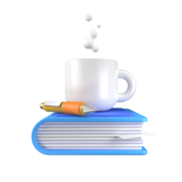 Studying, book and a cup of coffee 3D illustration png