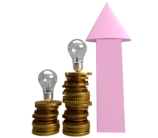 coin golden lightbulb lamp growth up arrow direction symbol sign decoration business financial money wealth cost saving stack recession cash income rising budget inflation stock price bank.3d render png