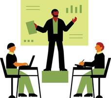 Businessman giving presentation. Vector illustration in flat style. Businessman giving a presentation to colleagues.