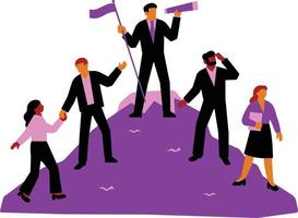 Business people standing on top of mountain and holding red flag. Successful team concept. Vector illustration