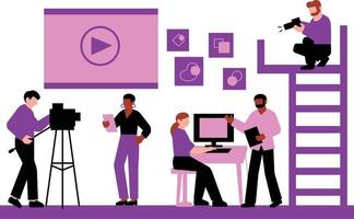 Video blogging. Blogger with camera on tripod. Video blogger. Vector illustration in flat style