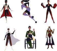 Superhero people set. Superhero man and woman in different poses and actions. Vector flat illustration