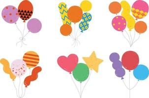 Set of colorful balloons with ribbons and stars. Vector illustration.