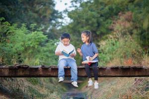 Cheerful children sitting on wooden bridge, Asian kids playing in garden, boy and girl reading books photo