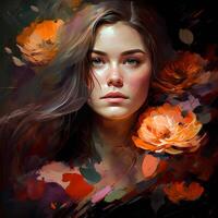 beautiful girl in flower style oil strokes of painting photo