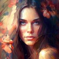beautiful girl in flower style oil strokes of painting generative AI photo