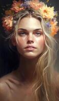 adorable girl in flower style oil strokes of painting photo