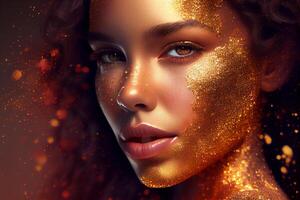 A girl's lips close-up with golden glitter photo realistic