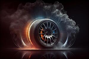 a car wheel with a lot of smoke coming out image photo