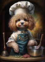 un linda pequeño marrón caniche cocinero perro generativo ai foto