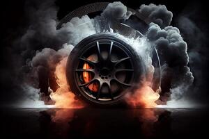 a car wheel with a lot of smoke coming out photo