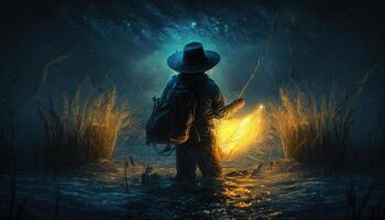 fisherman wheat hat fishing glowing water mysterious image photo