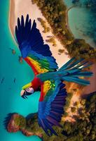 highly defined detailed Macaw flying over a tropical forest photo