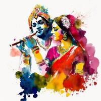 krishna radha holi colourful on white background painting photo