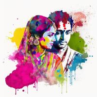 couple holi colourful white background painting photo