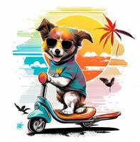 logo bebé perro paseos un scooter en el la carretera dibujos animados imagen generativo ai foto