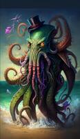 A cute cartoon character of joyful tropical punk cthulhu photo