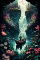 A man standing in a boat in front of waterfall photo