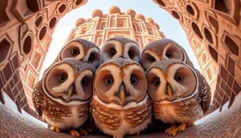 Highly defined selfie of a group of barred owl focusing on camera photo