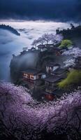 In spring Jiangnan Cliff Village surrounded by trees photo