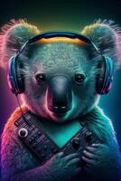 koala bear portrait listening songs from headphones photo