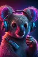 Koala bear form the front portrait with headphones photo