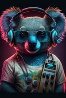 Koala bear the front portrait with headphones and wearing t shirt photo