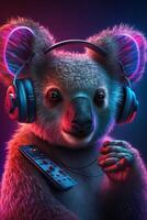 Koala bear portrait with headphones and phone photo