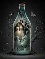 A bottle with eerie ghosts spooky on adrk background photo