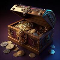 treasure box full of gold in black background photo