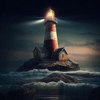 ligero casa en el medio de el mar en noche imagen generativo ai foto