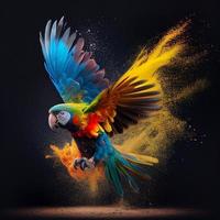 a flying ara parrot over colourful powder explosion in black background photo