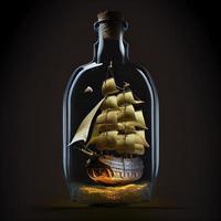 ship in a lying bottle in black background photo