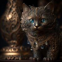 filigree cat figurine surrounded by jewellery isolated with blur background photo