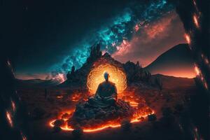 Monk meditating in the wilderness floating photo