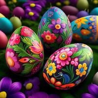 multi-colored easter eggs with a pattern of flowers. Happy Easter photo