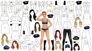 policía uniforme colorante página papel muñeca con hembra cifra, ropa, peinados y accesorios. vector ilustración