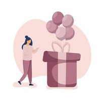 Girl celebrating birthday, standing near huge gift box with balloons. vector