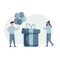 People standing near big birthday gift box. Celebrating birthday concept. vector