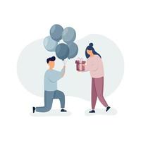 Man gives woman blue balloons and girl holding cute pink gift. People celebrating birthday. vector